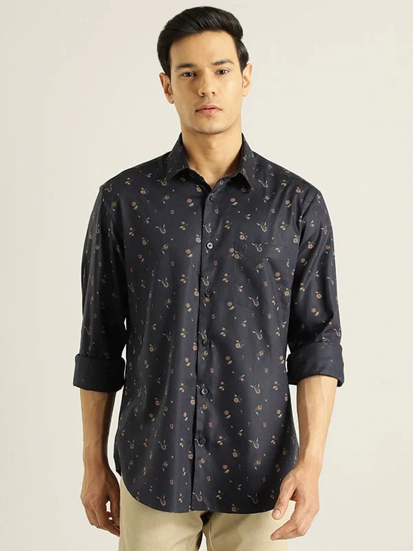 Indian Terrain Men Floral Print Dark Blue Shirt